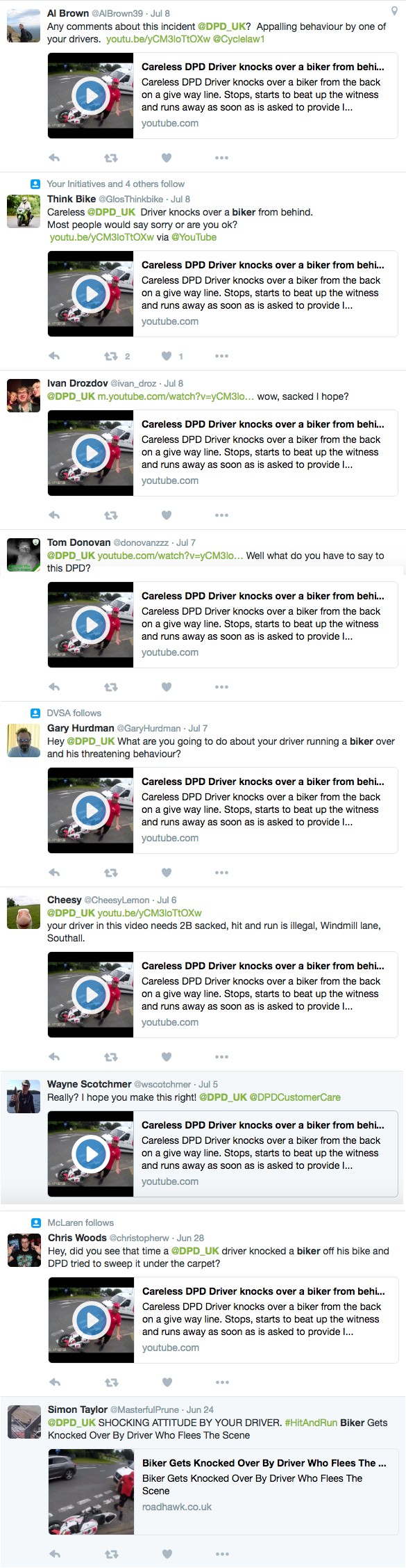 DPD Driver knocks down biker Twitter Comments