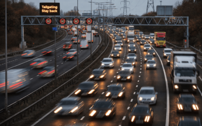 Tailgating on a UK motorway with road sign illustrating the issue