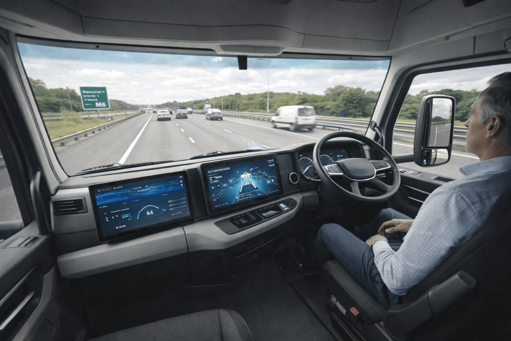 Inside of an autonomous truck cockpit on a UK motorway