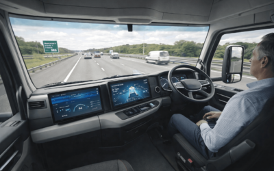 Inside of an autonomous truck cockpit on a UK motorway