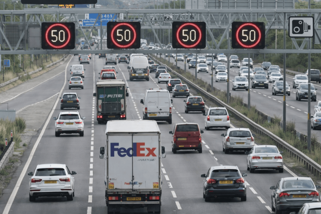 Busy smart motorway-under speed limit signs